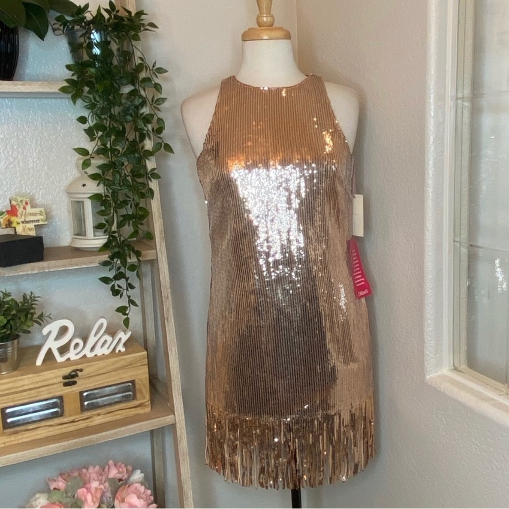 🆕Alex Marie rose gold sequin fringes dress sz 14